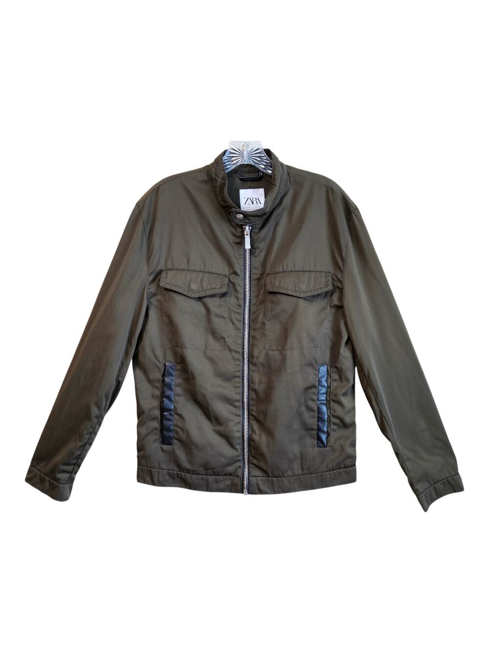 ZARA Men M Bomber Jacket Full Zip Olive Green Faux Leather Trim Chest 42"
